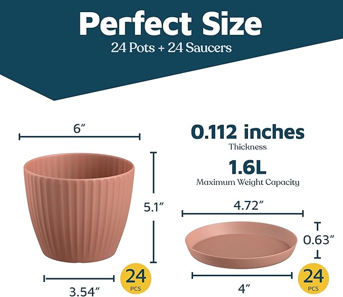 Pink 6-Inch Plant Pots with Drainage & Saucers 24 Pack, Indoor & Outdoor Planters for Houseplants, Herbs, and Flowers, Durable & Weatherproof Material, Stackable, Lightweight, Minimalist Design
