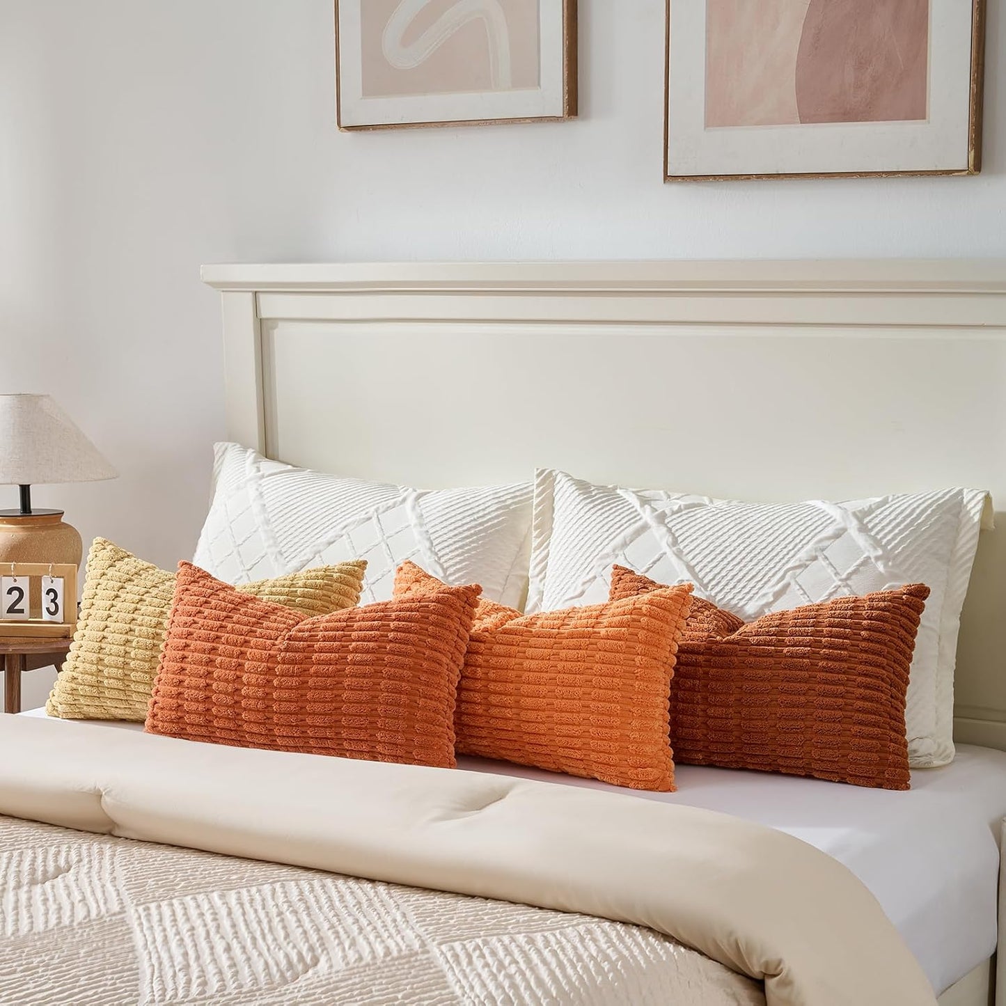 Fancy Homi Set of 4 Burnt Orange Fall Long Lumbar Rectangle Decorative Throw Pillow Covers 12x24 Inch for Couch Bed Chair, Farmhouse Boho Room Decor, Soft Fuzzy Corduroy Textured Cushion Case 30x60cm