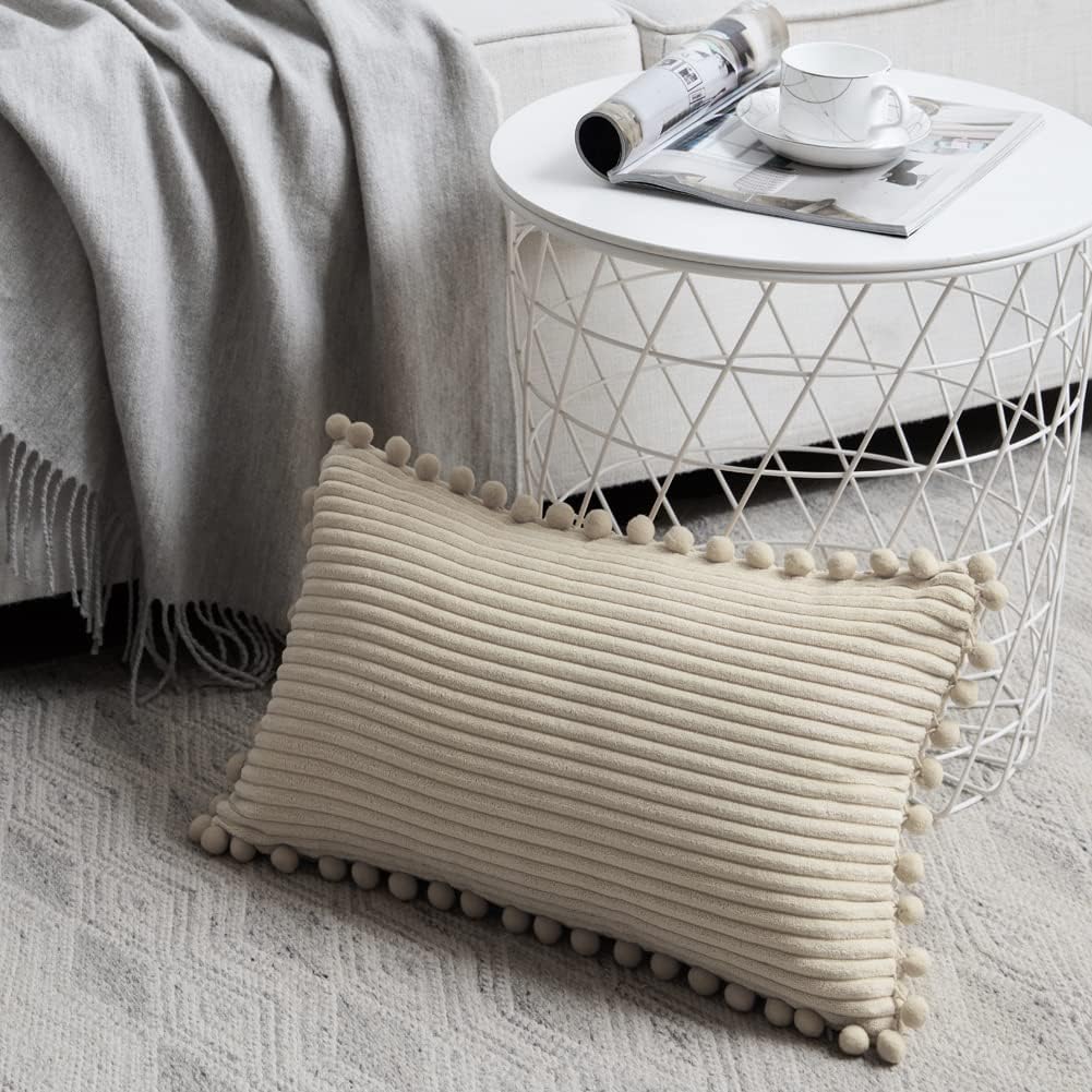 Fancy Homi Pack of 2 Tan Lumbar Decorative Throw Pillow Covers with Pom-poms, Soft Corduroy Solid Rectangle Cushion Cases Set for Couch Sofa Bedroom Car Living Room (12x24 Inch/30x60 cm, Beige)