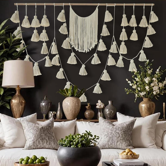 Jakalin Macrame Wall Hanging Boho Tassel Garland 57"x39" | Handmade Cotton Rope Wall Decor for Living Room, Bedroom, Nursery | Large Macrame Banner for Wedding Backdrop, Home Decoration