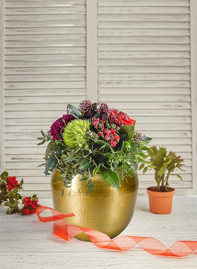 Serene Spaces Living Brass-Look Aluminum Cachepot: Handcrafted in India, Elegant Wedding & Home Decor, Vintage Planter for Indoor Plants, Flowers, Table Centerpieces, Small, 13" Diameter & 10.5" Tall