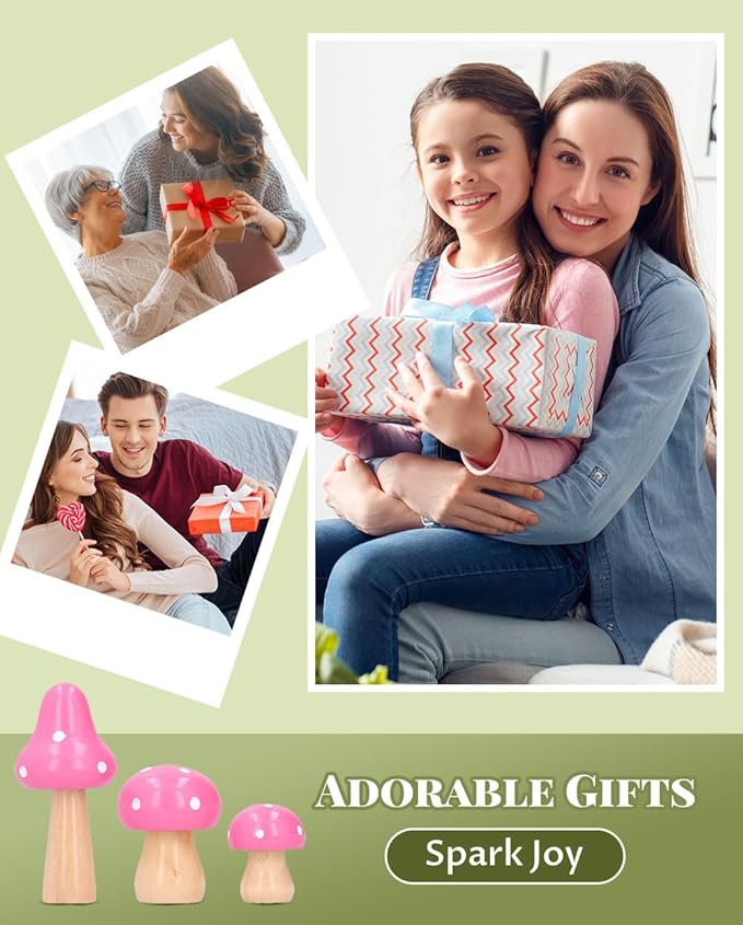 3Pcs Mushroom Decor Wooden Mini Figures Fairy Garden Accessories 2.9in 1.8in 1.2in Cute Miniature Mushrooms Home Decor for Bedroom Office Bonsai Fairy Garden Pink