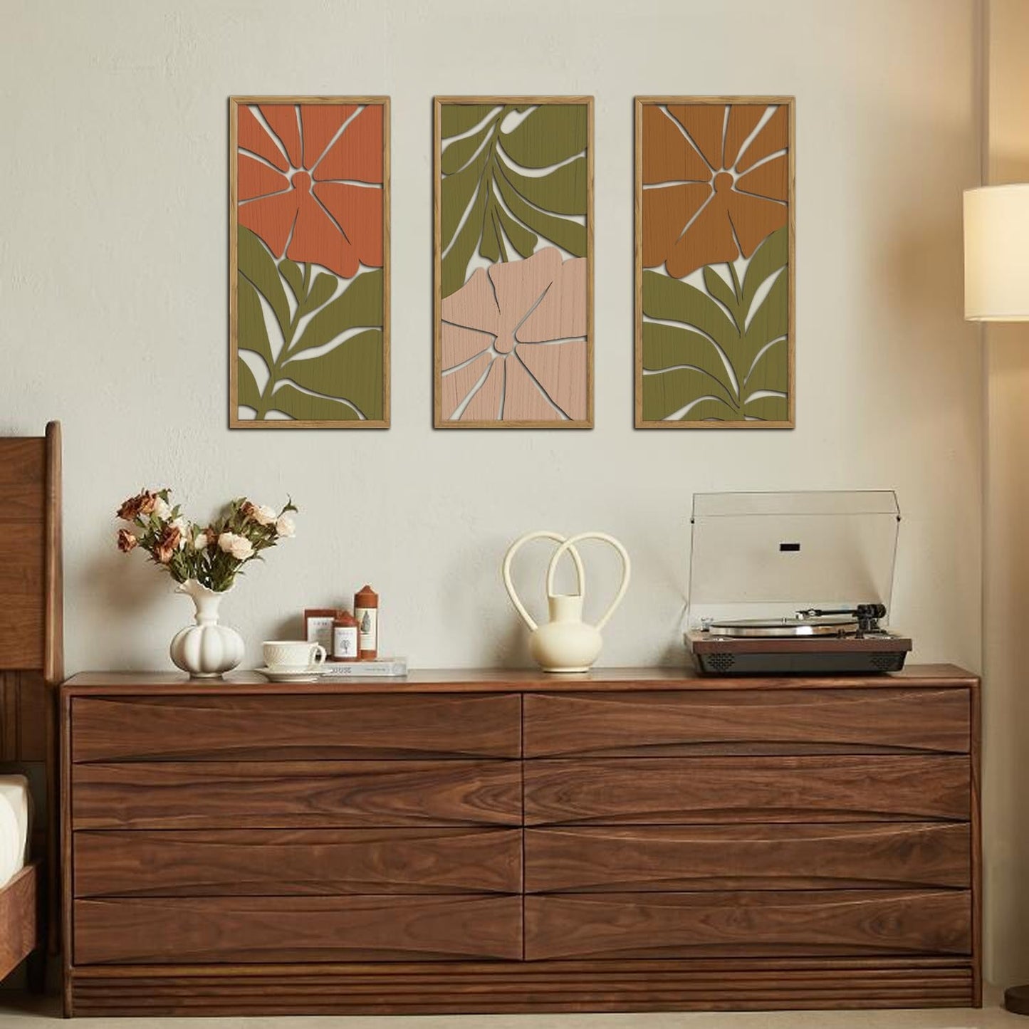 KAIRNE Boho Wooden Wall Art,Bohemian Wood Wall Decor Set of 3(16”X8”),Abstract Minimalist Hanging Decor,Vintage Farmhouse Bohemian Artwork for Living Room Bedroom Kitchen Office Decoration,Framed