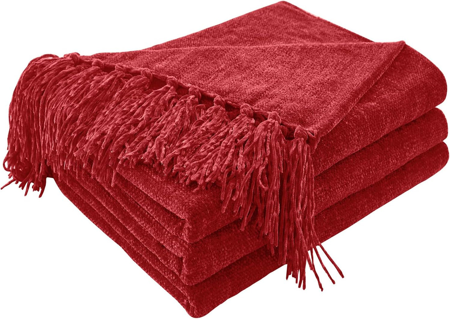 CozeCube Chenille Throw Blanket for Couch, Cozy Plush Fuzzy Decorative Christmas Red Blanket with Fringe Tassels, Lightweight Throws for Bed Sofa Gift Home Decor, 60"X80"