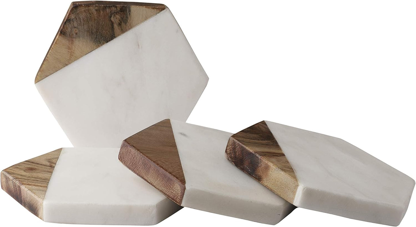 GoCraft Marble & Mango Wood Coasters - Set of 4 Handcrafted Geometric White Marble Coasters for Drinks, Wine Glasses, Beverages, Cocktails & Bar Glassware, Elegant Home Decor & Bar Accessories