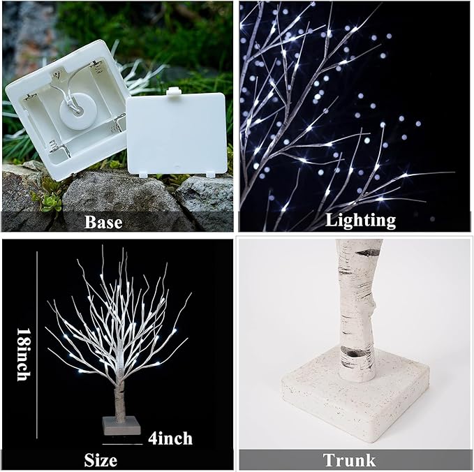 4pcs 36LED Lighted Birch Tree Home Decor - White Birch Tree with Lights Money Tree Wedding Centerpieces Artificial Branches Table (White)