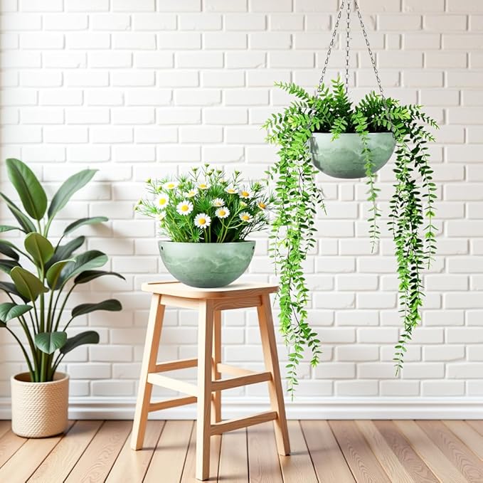 Marble Pattern 10 Inch Hanging Planter for Indoor Outdoor Plants, 2 Pack Hanging Planter Basket for Garden Home Decor Use (Green)