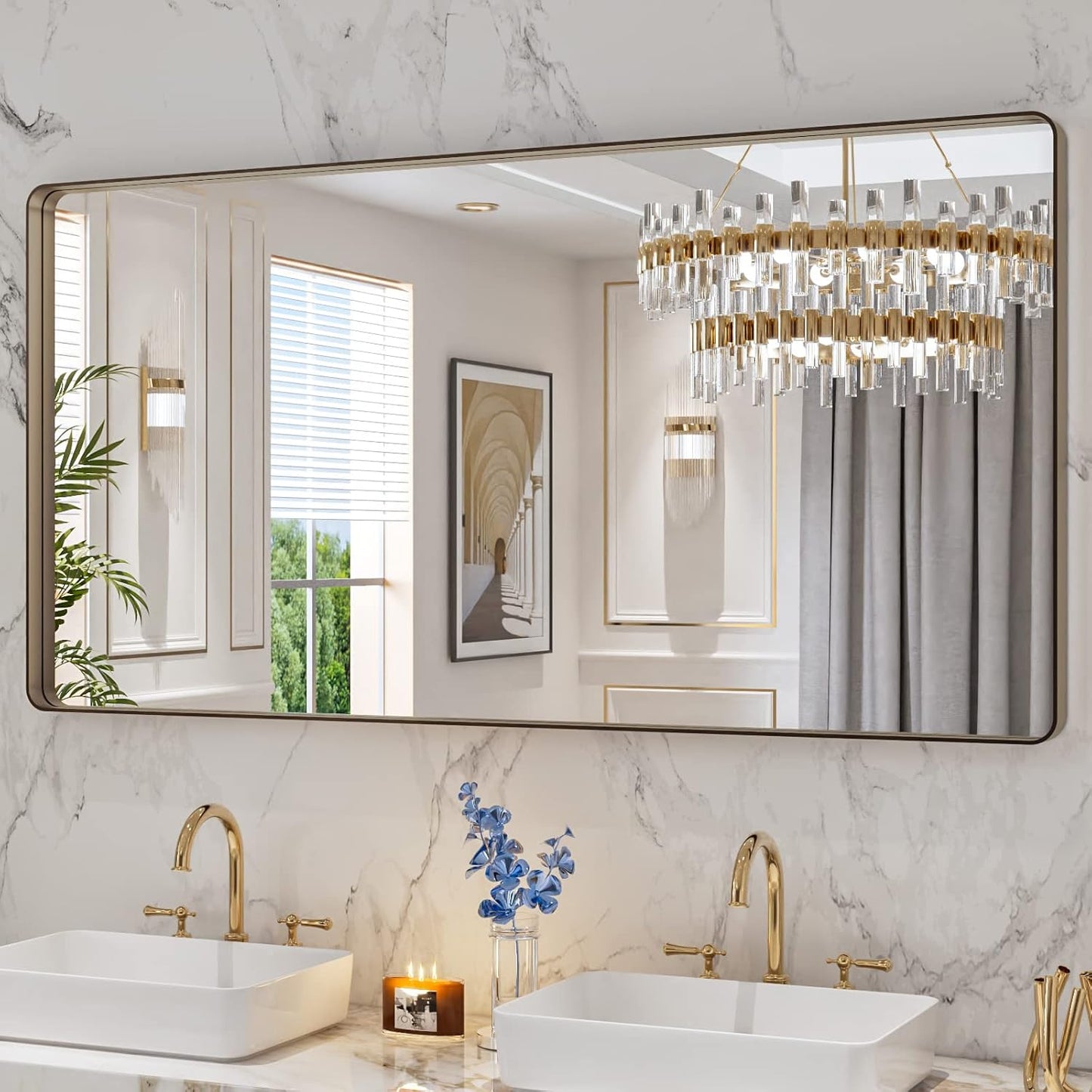 LOAAO 60”X30” Bronze Bathroom Mirrors for Vanity, Rounded Rectangle Brushed Bronze Metal Frame Mirror, Anti-Rust, Tempered Glass, Hangs Horizontally or Vertically