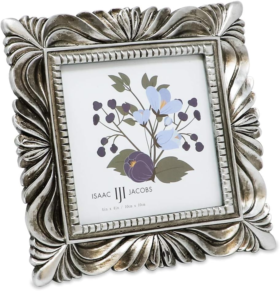 Isaac Jacobs 4x4 Silver Wave Textured Hand-Crafted Resin Picture Frame with Easel & Hook for Tabletop & Wall Display, Decorative Swirl Design Home Décor, Photo Gallery, Art, More (4x4, Silver)