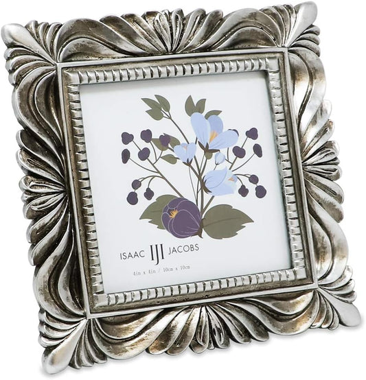 Isaac Jacobs 4x4 Silver Wave Textured Hand-Crafted Resin Picture Frame with Easel & Hook for Tabletop & Wall Display, Decorative Swirl Design Home Décor, Photo Gallery, Art, More (4x4, Silver)