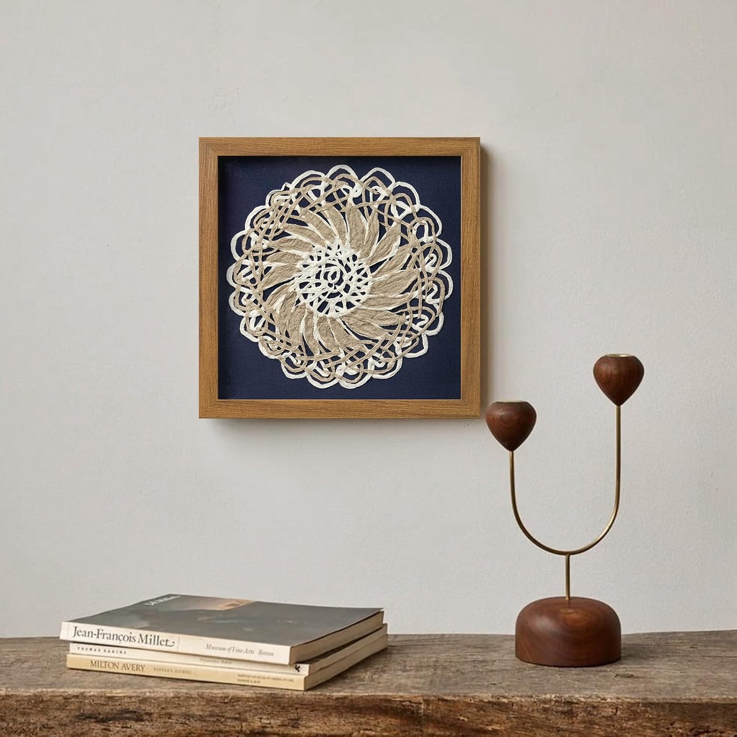 FOLKOR Framed Boho Wall Art for Living Room, 12" Natural Rice Paper Mandala Art Decor with Shadow Box, Bohemian Wall Hanging Panel for Bedroom Kitchen Shaby Chic Home Office Decoration