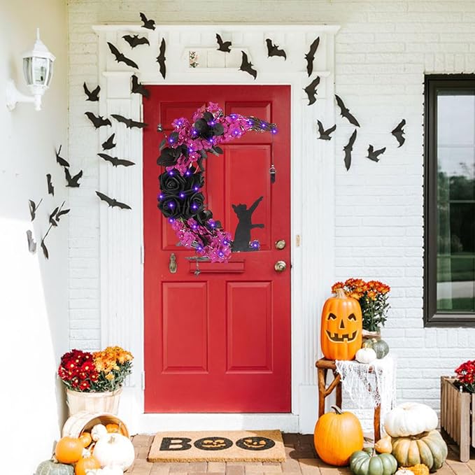 Halloween Wreaths For Front Door, Flower Moon Cat Halloween Home Decoration, Halloween Family Gathering Decoration Wreath，Outdoor, Wall, Closet, Fence, Wreath Halloween (Rose Red)