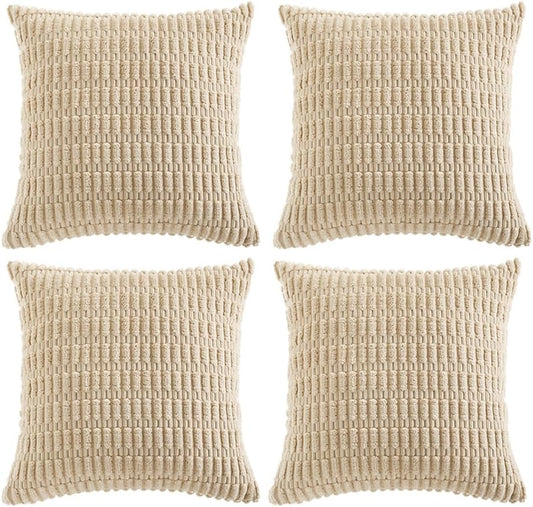 Fancy Homi 4 Packs Tan Decorative Throw Pillow Covers 26x26 Inch for Living Room Couch Bed Sofa, Beige Rustic Farmhouse Boho Home Decor, Soft Plush Striped Corduroy Square Cushion Case 66x66 cm