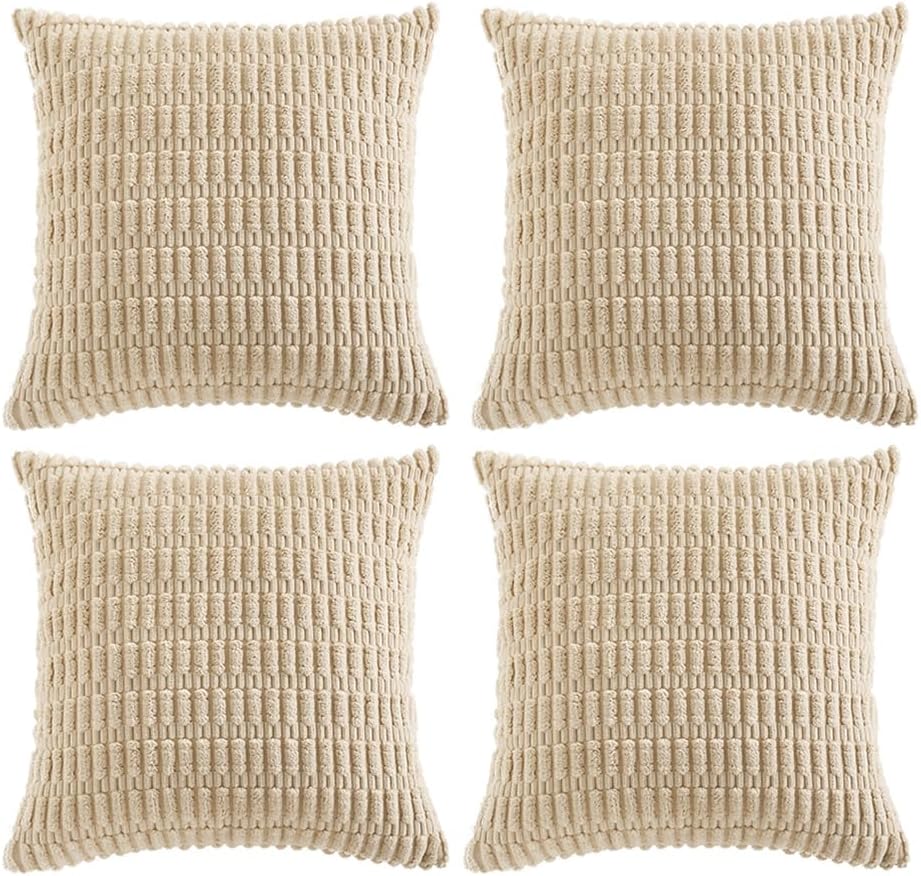 Fancy Homi 4 Packs Tan Decorative Throw Pillow Covers 22x22 Inch for Living Room Couch Bed Sofa, Beige Rustic Farmhouse Boho Home Decor, Soft Plush Striped Corduroy Square Cushion Case 55x55 cm