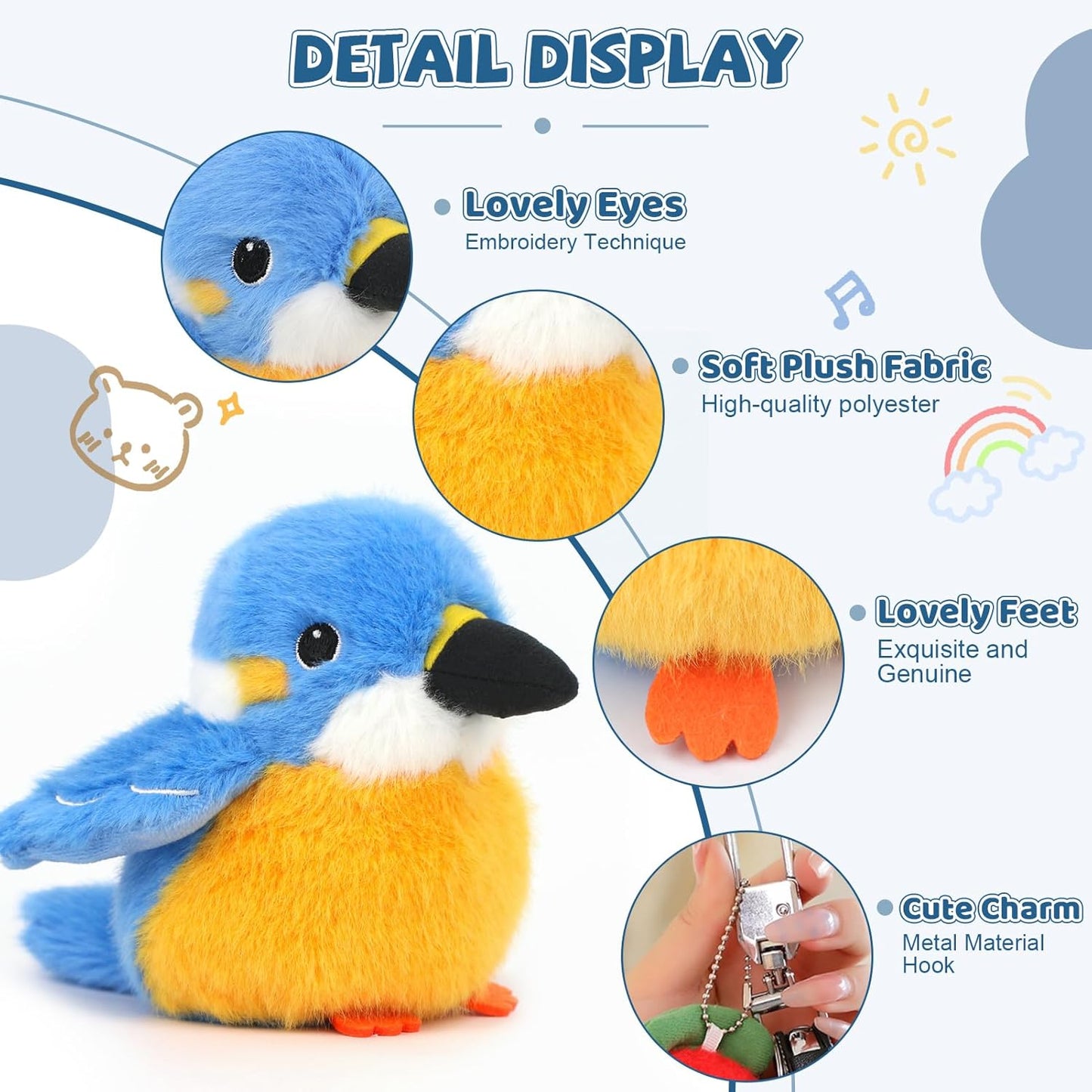 Bird Stuffed Animal Realistic Cute Kingfisher Bird Plush Backpack Pendant Simulation Toy Plush Suitable Christmas Birthday Valentine's Day Gift for Kids