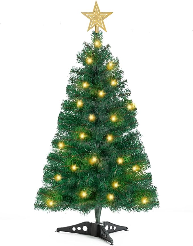 3FT Artificial Christmas Tree with Lights Green Mini Tabletop Christmas Tree with Plastic Stand and Tree Topper Lighted Battery Operated Mini Xmas Pine Tree for Indoor Outdoor Holiday Home Decoration