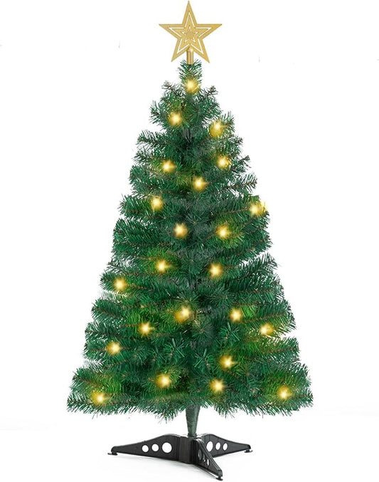 3FT Artificial Christmas Tree with Lights Green Mini Tabletop Christmas Tree with Plastic Stand and Tree Topper Lighted Battery Operated Mini Xmas Pine Tree for Indoor Outdoor Holiday Home Decoration