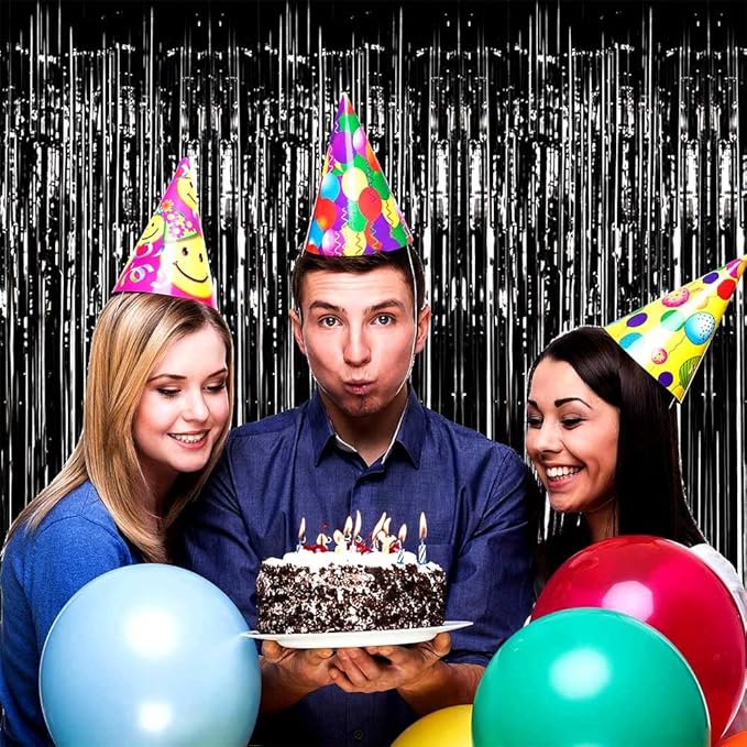 4 Pack Black Foil Fringe Curtain Backdrop, 3.28Ftx9.84Ft Metallic Tinsel Foil Fringe Streamers Curtains for Party, Photo Booth Props, Birthday, 2022 Graduation Decoration Supplies