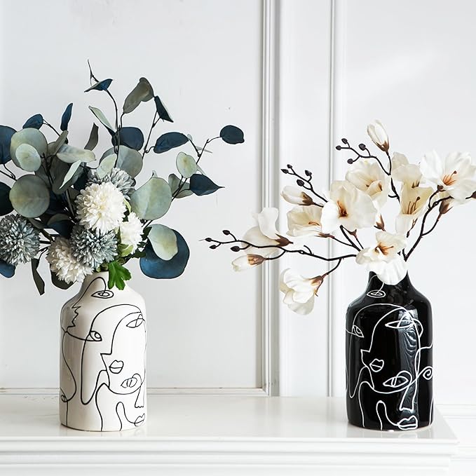 Kimdio Ceramic Vase Set, 2pcs Black and White Abstract Irregular Design Flower Vases, Modern Home Decor Living Room Decor Minimalist Decorative Vase for Pampas Grass