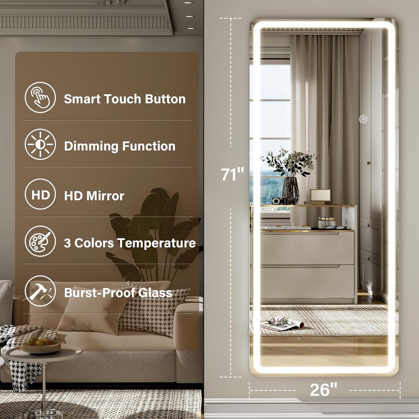 LED Full Length Mirror with Lights - 71"x26"Floor Standing Mirror with Rounded Corner Dimmable 3 Color Lighting, Aluminum Frame,Leaning Hanging for Bedroom Cloakroom, White