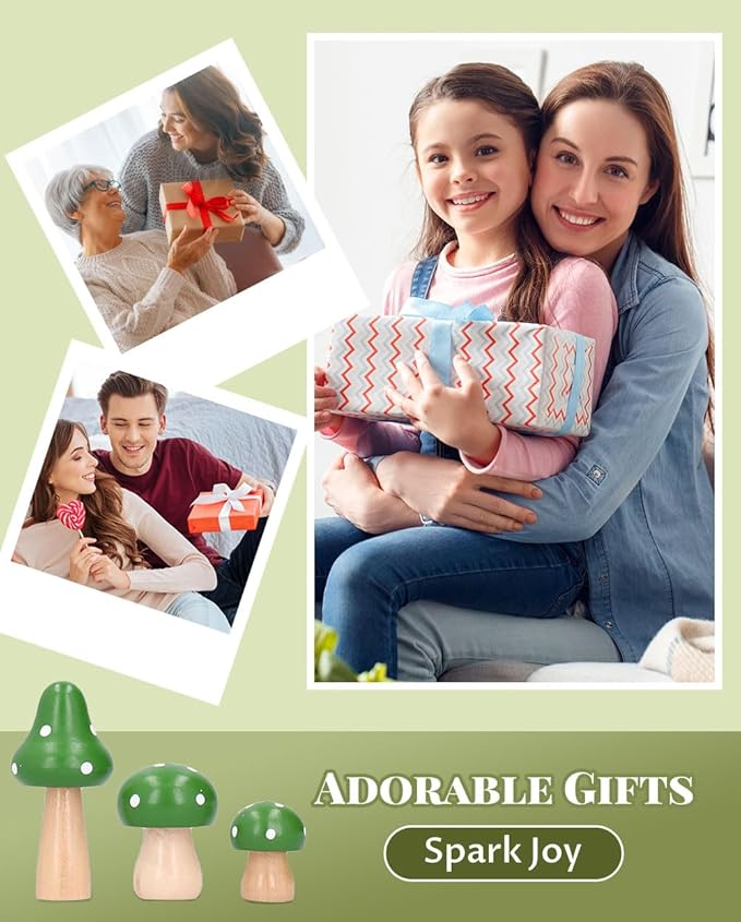 3Pcs Mushroom Decor Wooden Mini Figures Fairy Garden Accessories 2.9in 1.8in 1.2in Cute Miniature Mushrooms Home Decor for Bedroom Office Bonsai Fairy Garden Green