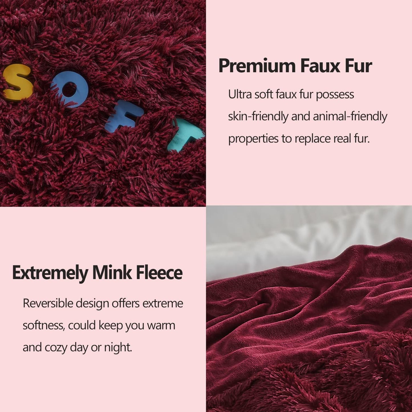 GONAAP Fuzzy Faux Fur Throw Blanket Wine Red Super Soft Cozy Plush Fuzzy Shaggy Blanket for Couch Sofa Bed (Wine Red, Throw(50"x60"))