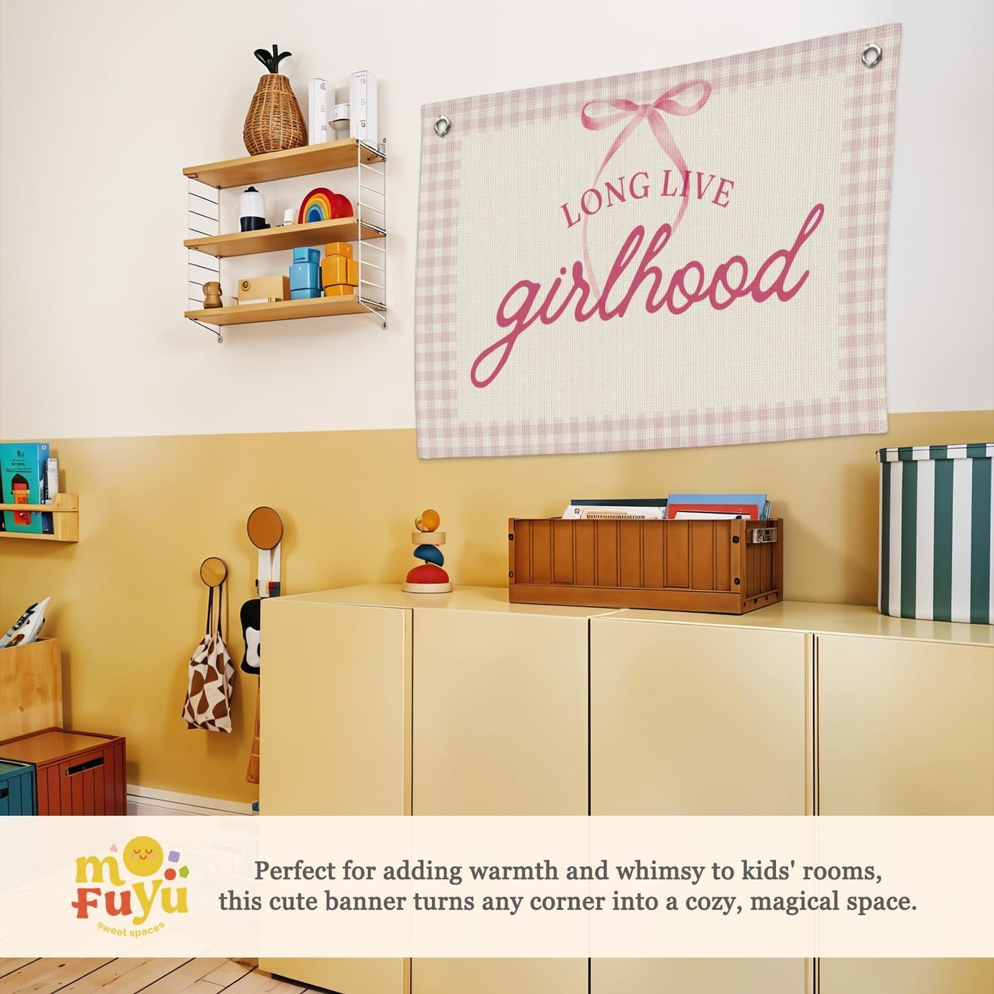 Girl Room Decor - Long Live Girlhood Linen Banner，Bow Nursery Decor for Girl,Swan Decor Wall Hanging for Nursery, Playroom, Kids Bedroom and Aesthetic Room Decor 30x20 Inch