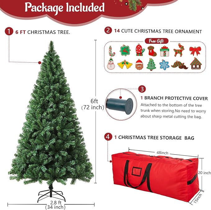 ULICO 6ft Artificial Green Christmas Tree,Premium Spruce Xmas Tree with 1000 Branch Tips, Fake Christmas Tree with Metal Hinges and Foldable Base Stand,Home, Office,Party Decoration