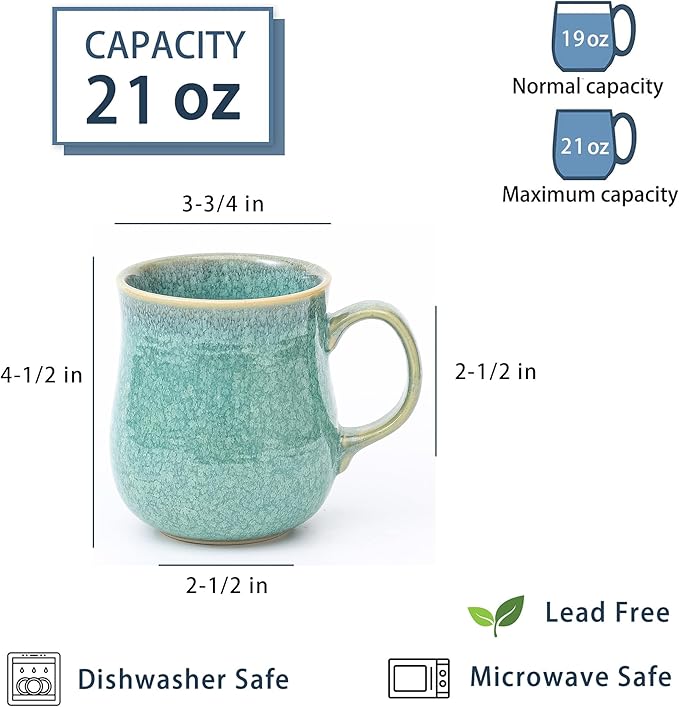 21 oz Large Ceramic Coffee Mugs, Pottery Mug Handmade, Ceramic Tea Cups with Handle for Office and Home, Dishwasher and Microwave Safe (Crystal Green)