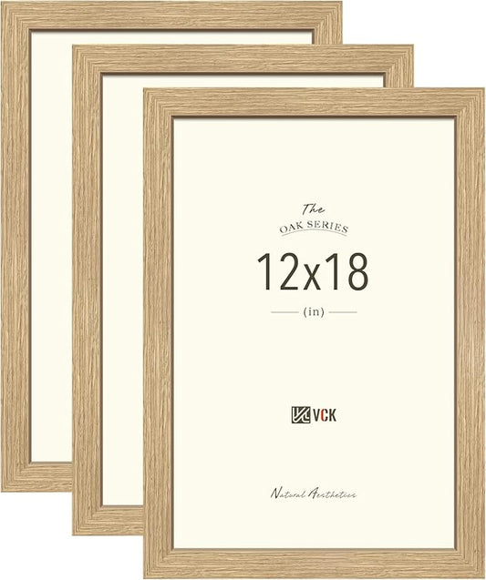 VCK 12x18 Poster Picture Frame Set of 3 - Beige Oak, Natural Solid Wood Frames with Polished Plexiglass