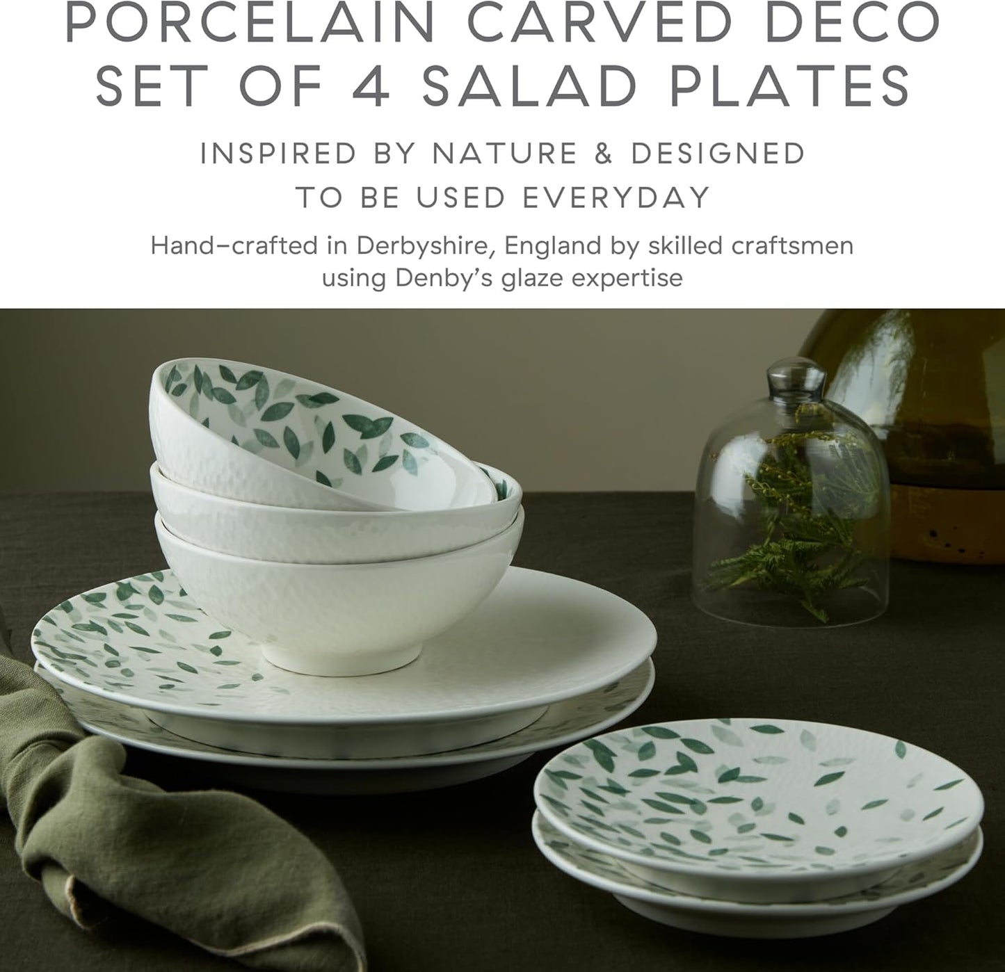 Denby - Carved Deco Medium Plates Set of 4-9 Inch - Dishwasher Microwave Oven Safe - Large Uniquely Textured Porcelain Medium Plate - Scratch Chip Resistant