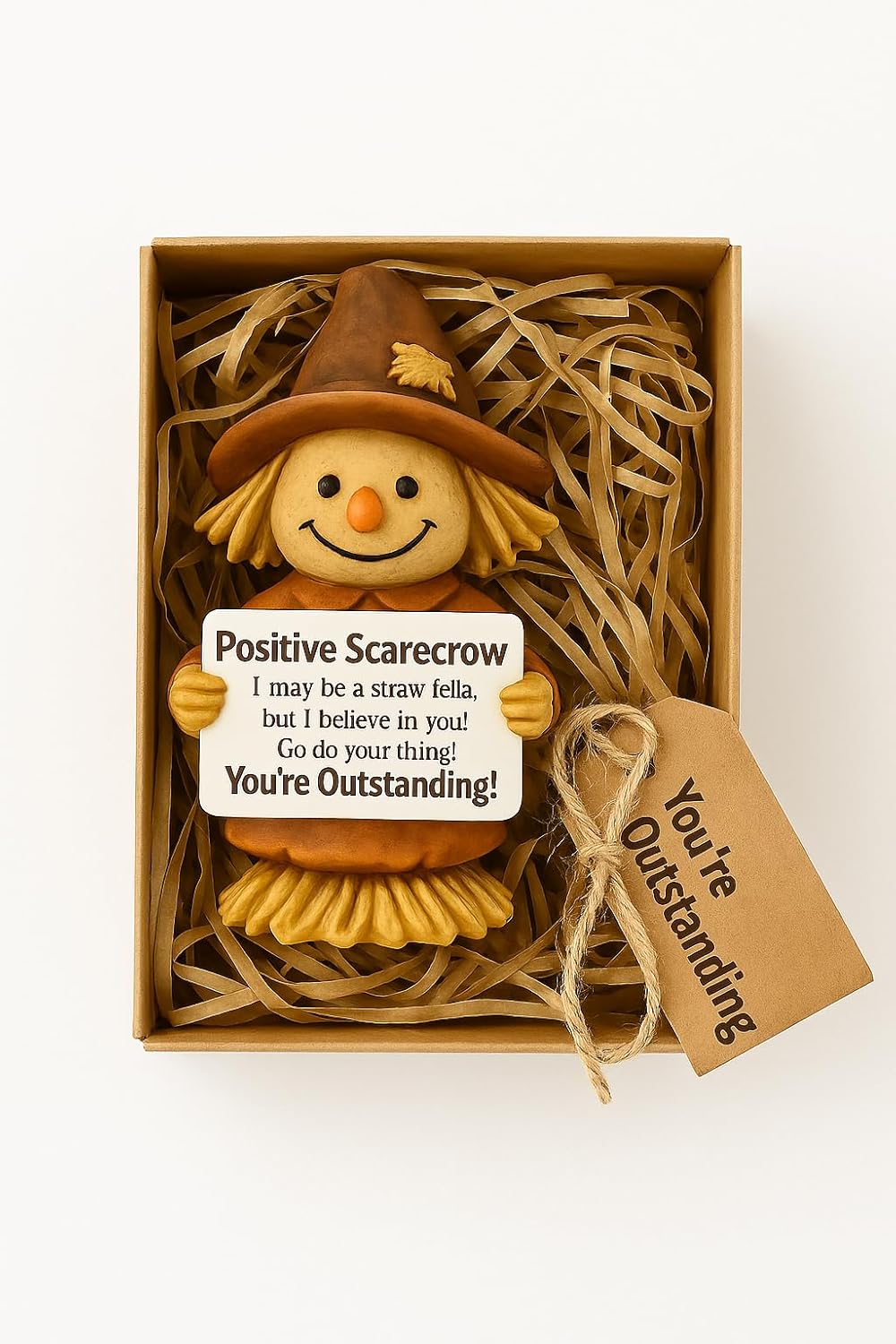 iStatue Positive Scarecrow Fall Figurine – 4.7" Tall Hand-Painted Resin Thanksgiving Decoration with Inspirational Sign – Autumn Harvest Tabletop Décor for Home, Office, Gift (Brown Scarecow)