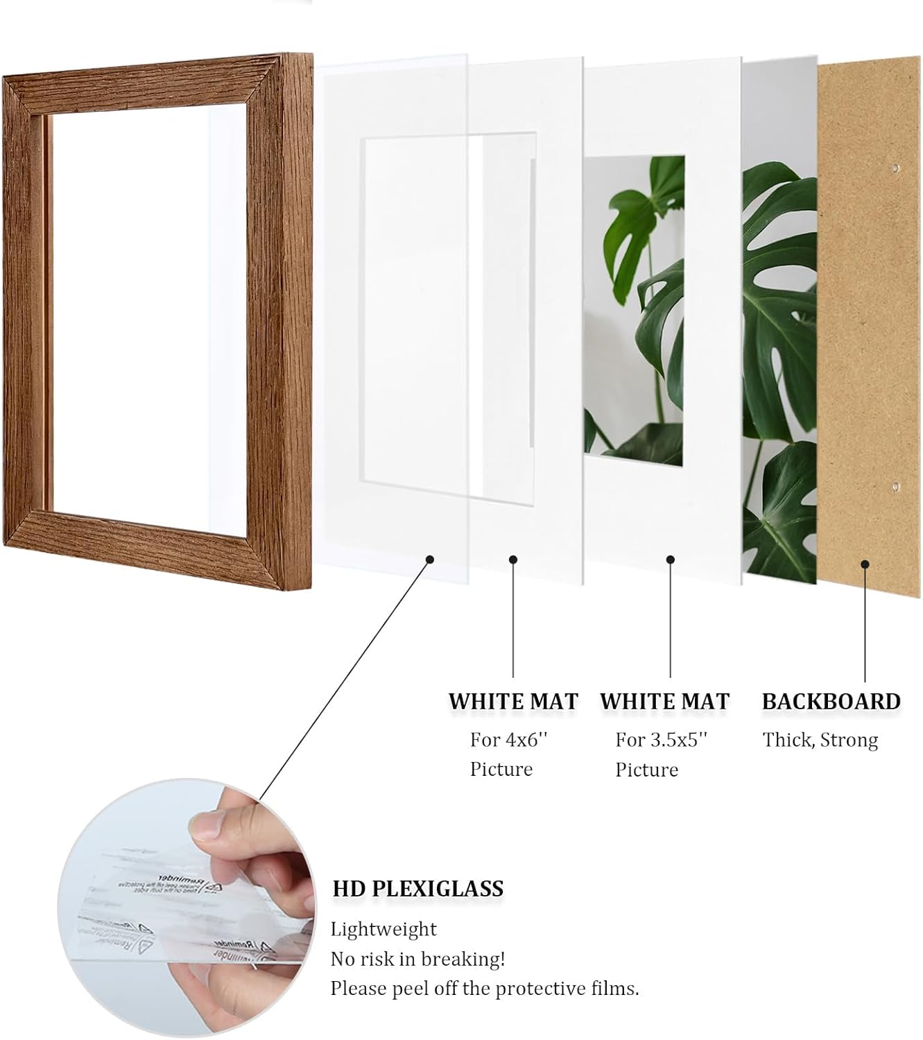 Egofine 4x6 Picture Frames Set of 4, Made of Solid Wood Covered by Plexiglass 3.5x5 with Mat or 4x6 without Mat, for Table Top Display and Wall Mounting Photo Frame,Walnut Brown