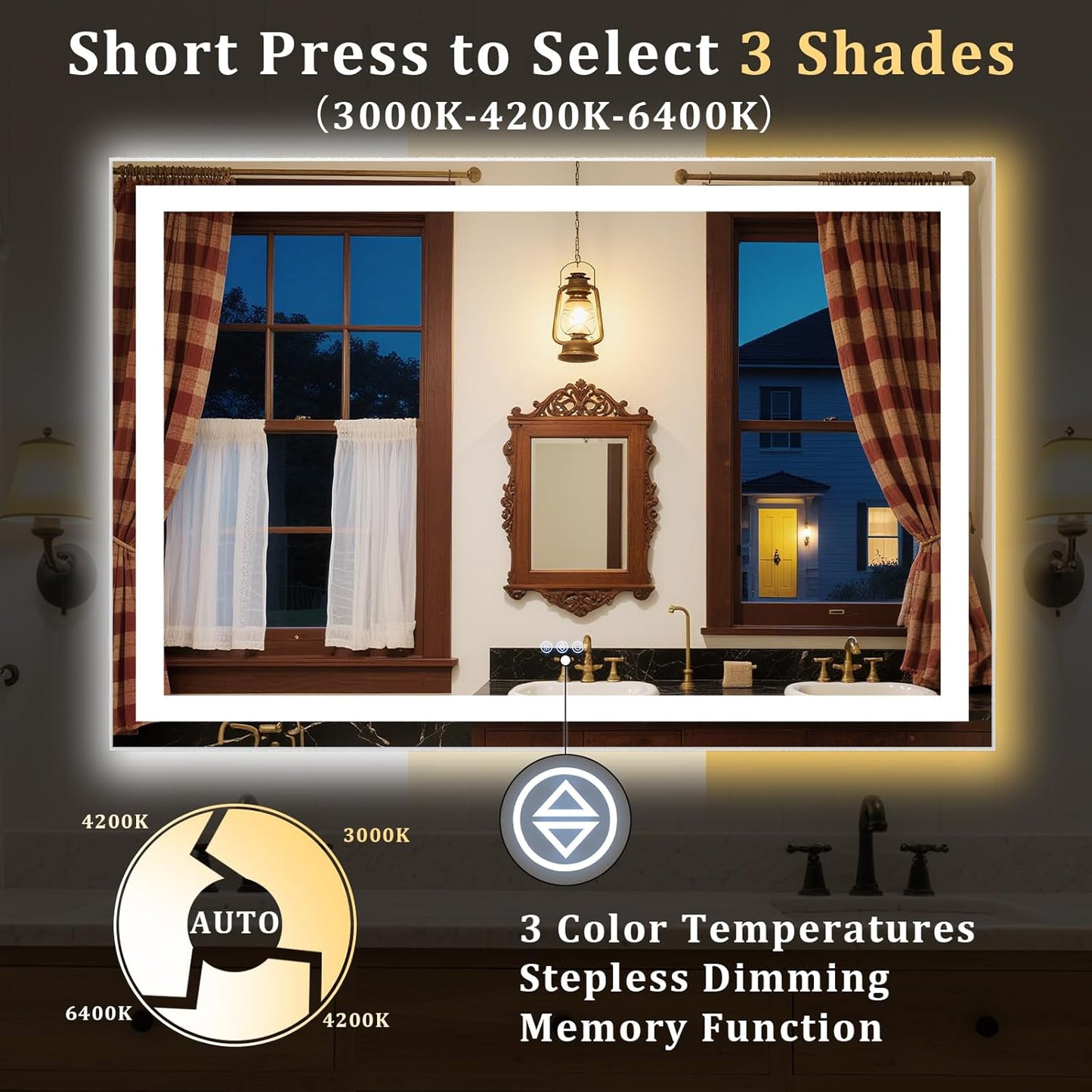 LED Bathroom Mirror, Large 60"x 40" Smart Bathroom Vanity Wall Mirrors with Lights, Anti-Fog, Dimmable, Backlit + Front Lit, 3 Color Modes, Memory Function