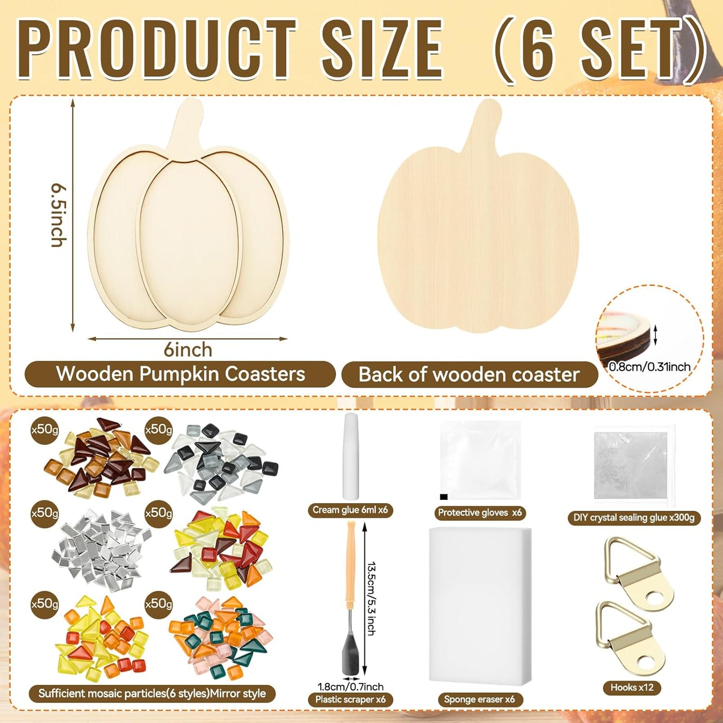 Honeydak 6 Sets DIY Glass Mosaic Tiles with 6 Wooden Coasters Making Mosaic Crafts Material Package Mixed Stained Glass for Handmade Colorful Home Decor Gift Indoor(Pumpkin,Warm Color)