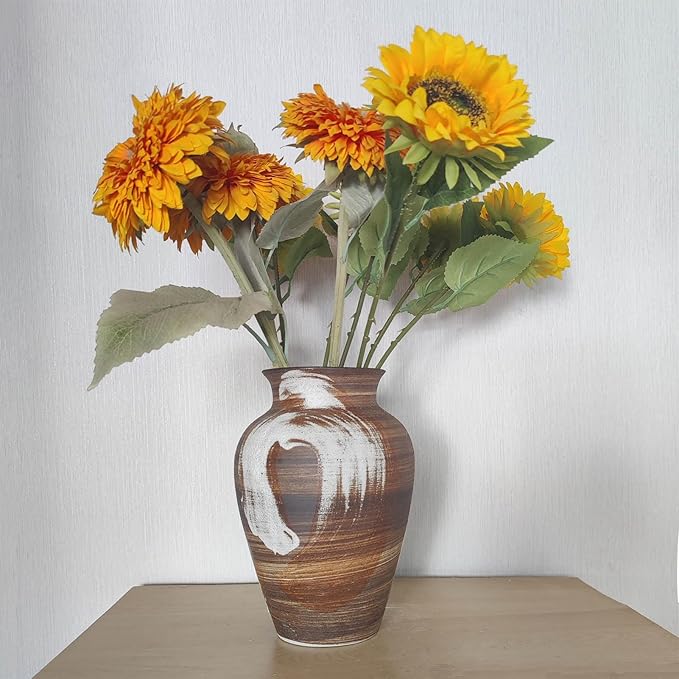 Rustic Brown Vase - 10" Handmade Brown and White Farmhouse Terracotta Vase, Unique Boho vase, Decorative Neutral Vases Home Decor, Vintage Ceramic Flower vases for Living Room, Kitchen Decor