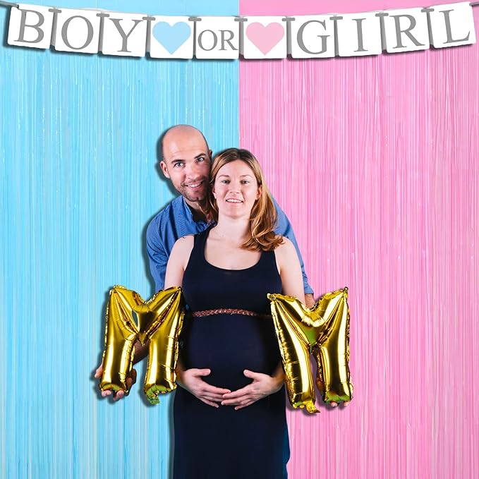 4 Pack Macaron Pink Blue Foil Fringe Curtain Backdrop, 3.28Ft x 9.8Ft Metallic Tinsel Foil Fringe Streamers for Photo Booth, Wedding Gender Reveal Backdrop Boy or Girl Birthday Party Decoration