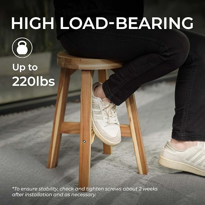 Round Stool Acacia Wood, 18" Height, 11'' Round Top, Backless, Easy Assembly, Natural Wax Finish, Wooden Stool for Plant, Dining Room, Kitchen Counter, Makeup