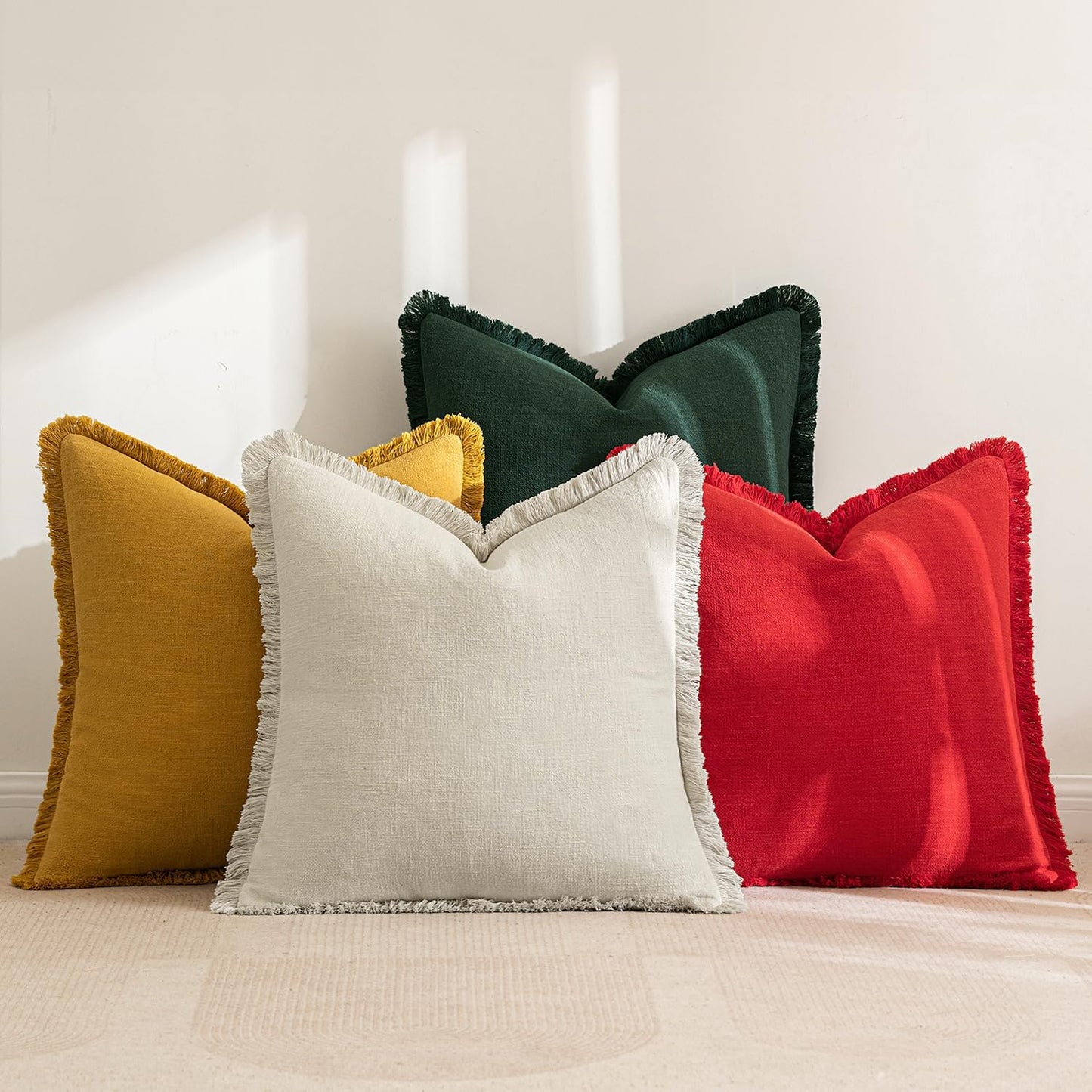 MIULEE Linen Pillow Covers 18x18 Inch Decorative Throw Pillows with Fringe Pack of 4 Soft Farmhouse Boho Couch Pillows Home Decors for Sofa Cushion Living Room Bed Dark Green and Yellow