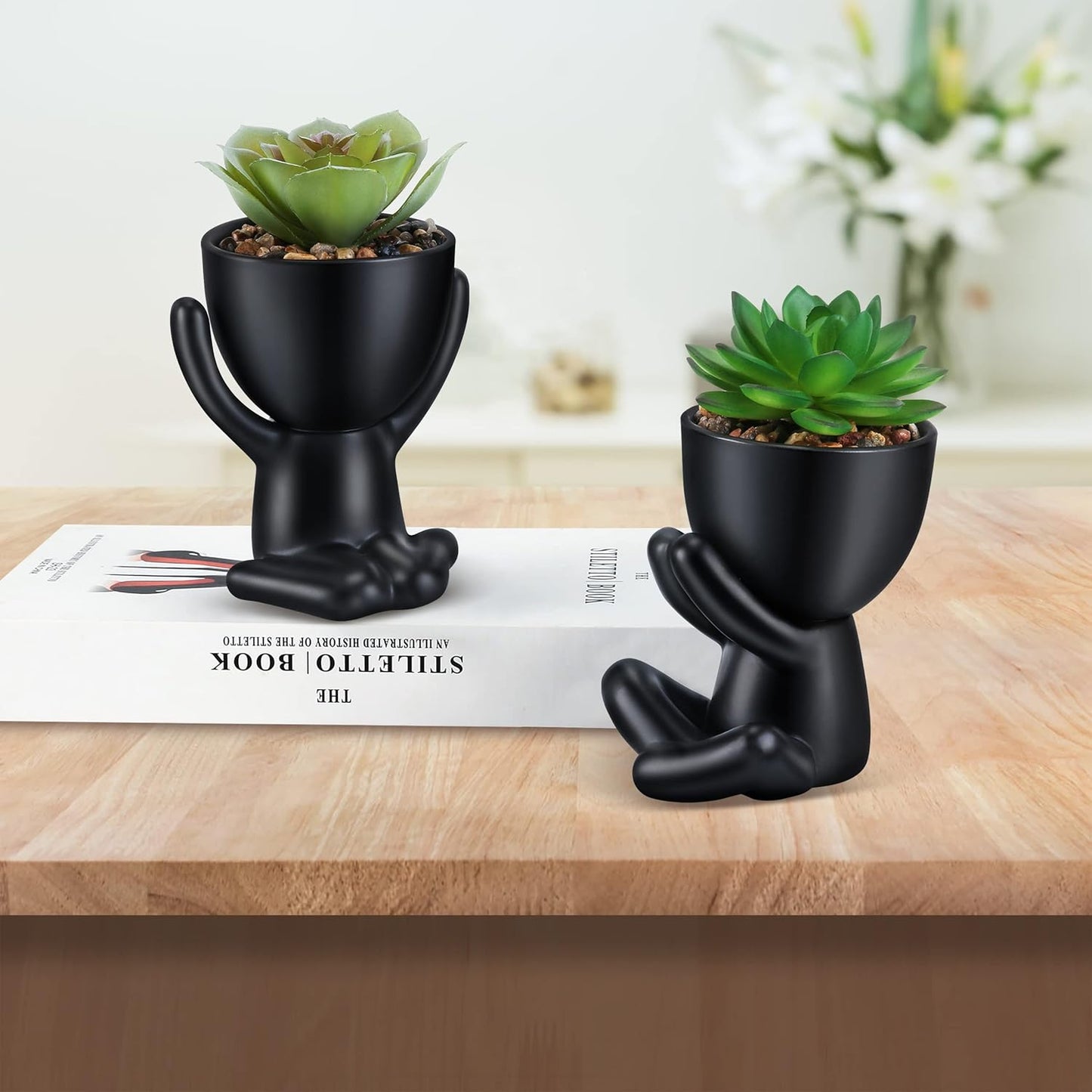 Fake Succulent, Mini Succulents Plants Artificial in Black Modern Human Shaped Ceramic Pots Desk Decor Desk Plant for Office Decor for Women, Cute Fake Plants Bathroom Decor 2PCS