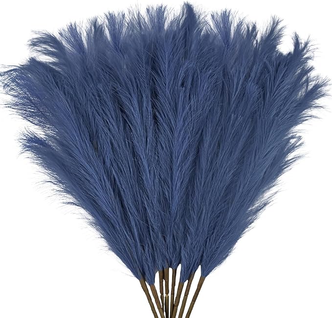 35" Faux Pampas Grass Decor, 8pcs Large Tall Fluffy Artificial Pompous Grass Branches Floral Fake Pompas Grass Bulrush Floor Vase Filler Flower Arrangement for Home Wedding Boho Decor - Blue