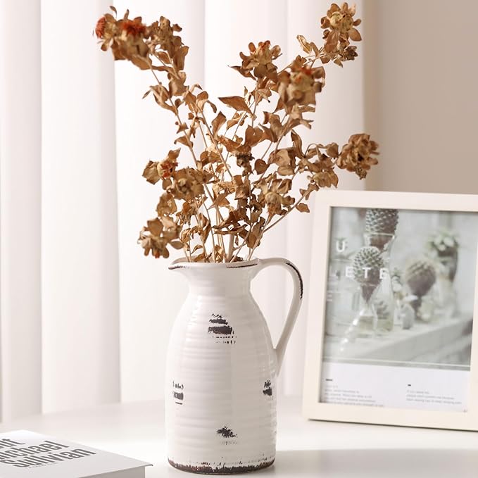 hjn Farmhouse Pitcher Vase for Flowers- Ceramic Pitcher Vase Decrative Pitchers for Your Kitchen/Home Decor/Office/Living Room/Bookshelf/Mantel/-White and Antique