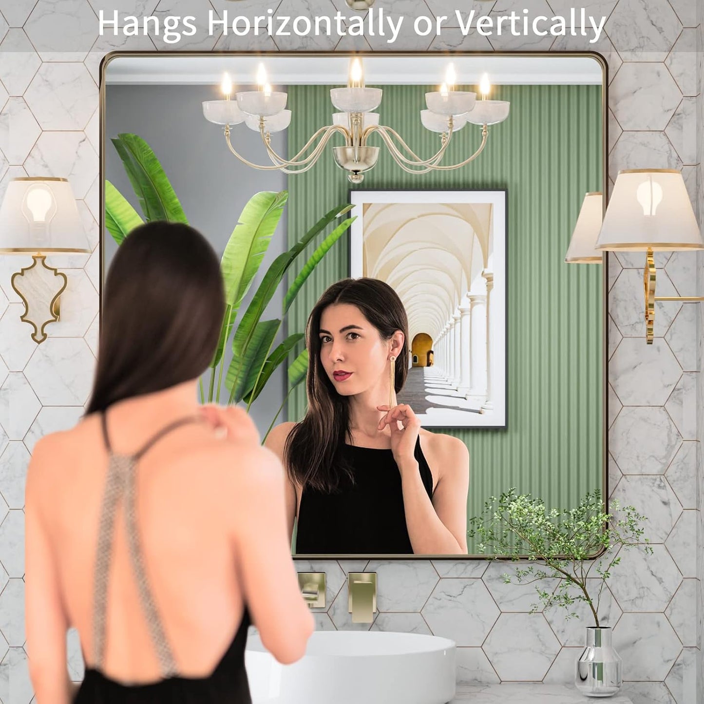 LOAAO 36”X36” Bronze Bathroom Mirrors for Vanity, Rounded Rectangle Brushed Bronze Metal Frame Mirror, Anti-Rust, Tempered Glass, Hangs Horizontally or Vertically