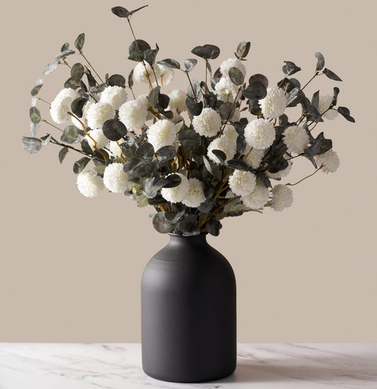 Laelfe 10 Kiku Flowers + 5 Large Eucalyptus Bunches, Silk Fake Pompon Mums (Ball Flower Stems) - Decor for Home, Wedding Filler, Centerpieces & Shower Arrangements