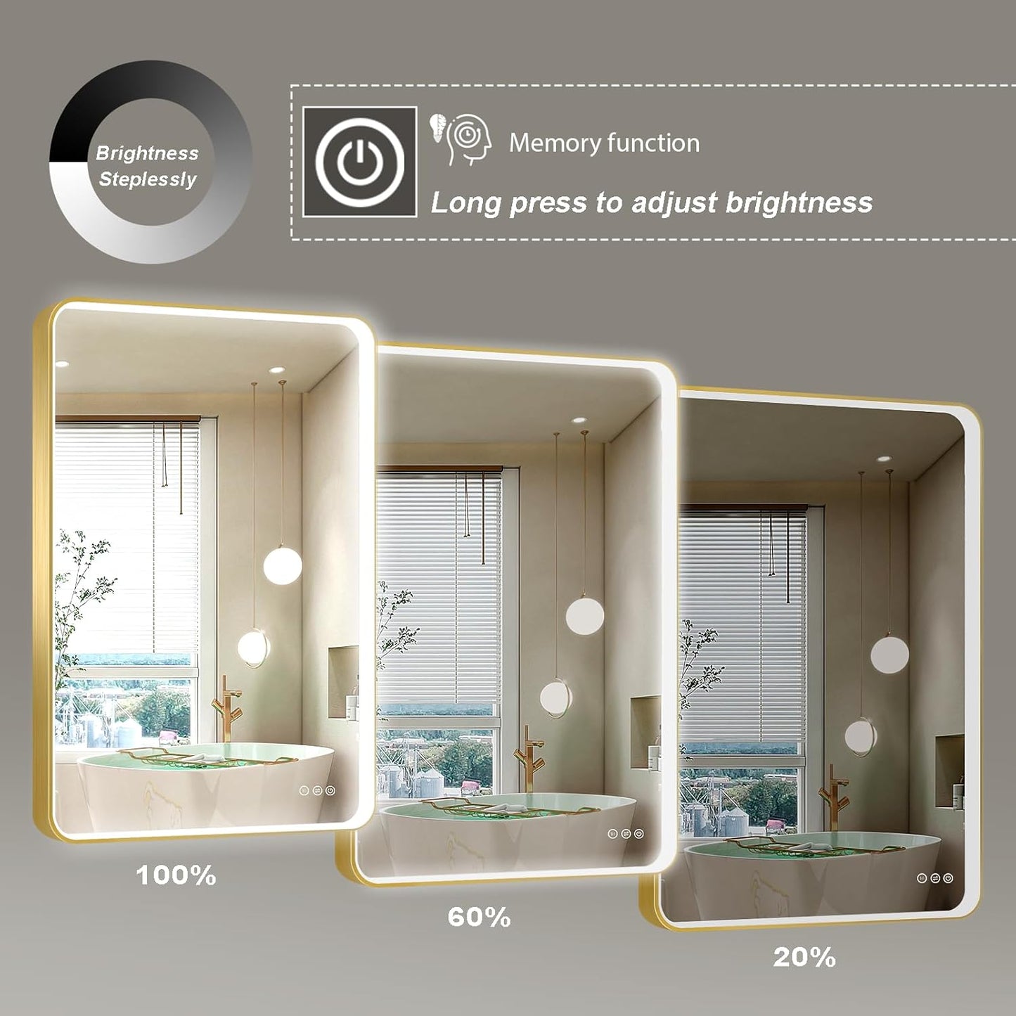 LED Mirror for Bathroom 30X36 Inch Gold Framed with Anti-Fog, Stepless Dimmable, Front Lit, LED Bathroom Vanity Mirror for Wall, Memory Function, Shatter-Proof