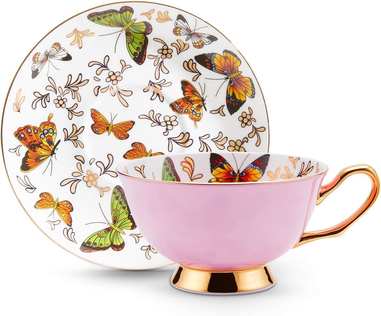 LURRIER Coffee Cup Mug with Saucer for Latte, Cappuccino Tea with Butterflies 6.8 Oz Fine Bone China, Dishwasher Safe, Reactive Glaze, 1 Pcs (Pink)