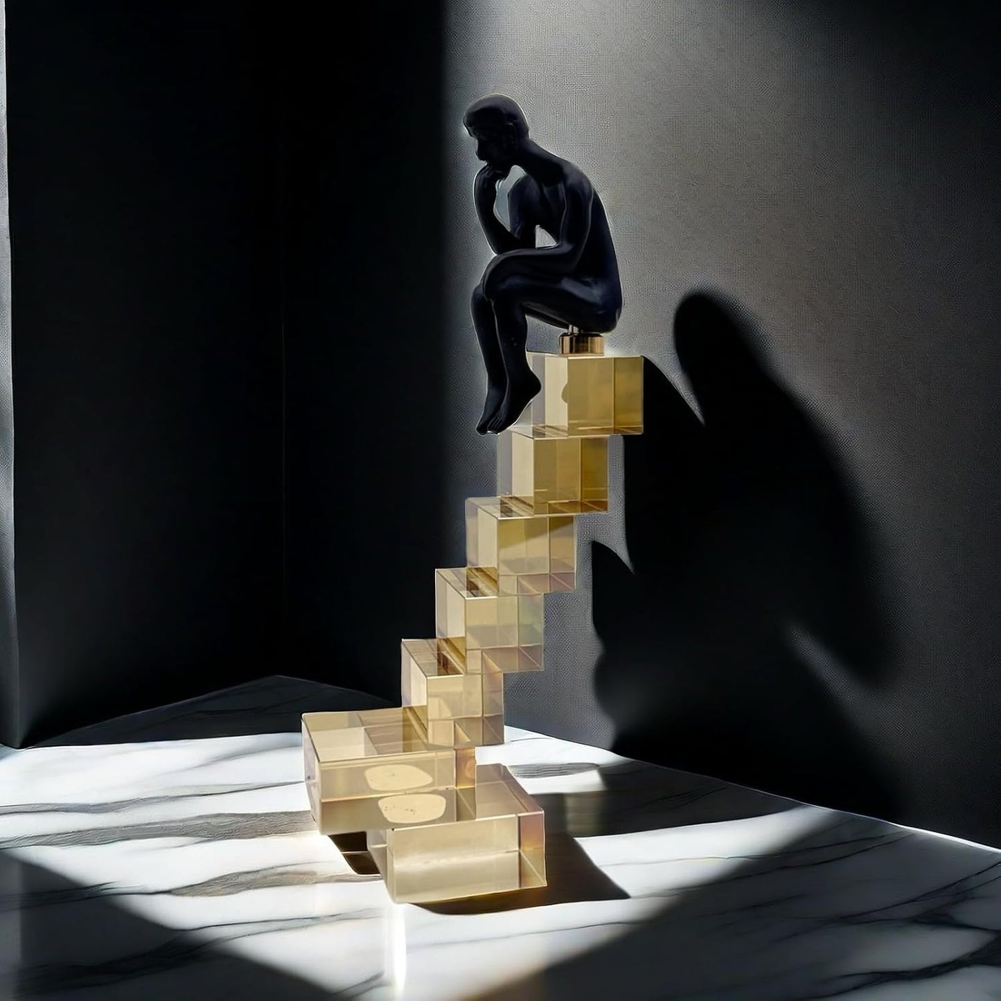 FUNSXBUG 12 Inch The Thinker Statue Thinking Man Statues Sitting on Crystal Glass Stairs Sculptures Collectible Figurine Home Decor Living Room Decoration