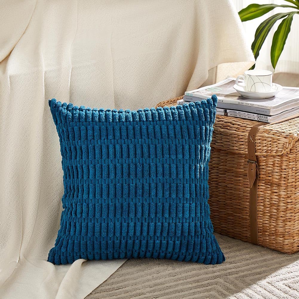 Fancy Homi 4 Packs Teal Big Decorative Throw Pillow Covers 24x24 Inch for Living Room Couch Bed Sofa, Rustic Farmhouse Boho Home Decor, Soft Striped Corduroy Square Cushion Case 60x60 cm