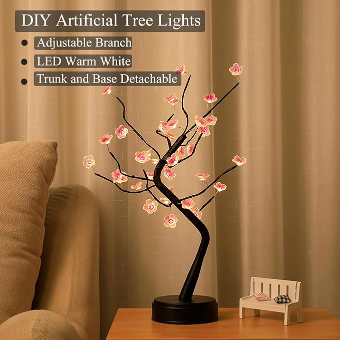 36 LED Cherry Blossom Sparkly Fairy Spirit Tree Lights, Twinkling Tree 3AA&USB Powered, Tabletop DIY Artificial Tree Lamp for Bedroom Christmas Indoor Room Decor Lights (Warm White)