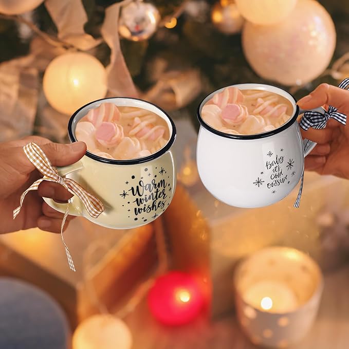 Zubebe Christmas Coffee Mugs Set of 12, 12 oz Hot Cocoa Ceramic Holiday Mugs Set for Mom, Woman, Family, Friend - Farmhouse Tiered Tray Decor, Coffee Bar Decor(White, Yellow, Brown)